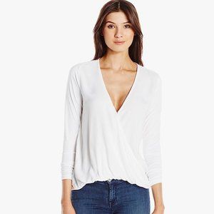Three Dots White Faux Wrap Twill Cross Front Top